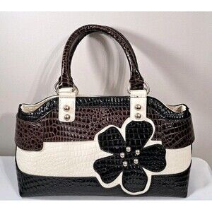 Cato Floral Faux Croc Embossed Handbag Double Handles Brown Black White